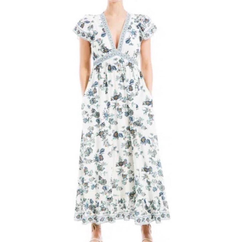 Max Studio London Floral Maxi Dress White Blue V-Neck Flutter Sleeve Small